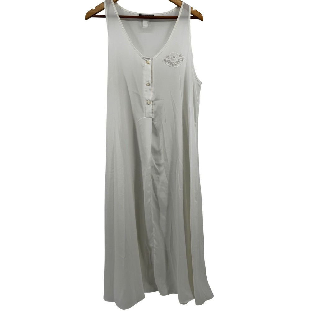 Vintage Prima Donna Carole Hochman White Lace Applique Silky Nightgown L/XL Maxi